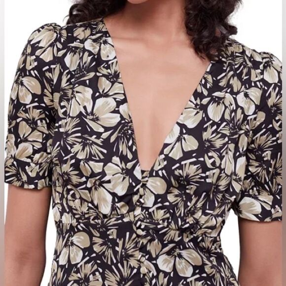 The Kooples Floral Twill Midi Dress Size 1 Black Beige Puff Sleeve Button Front - Picture 13 of 16